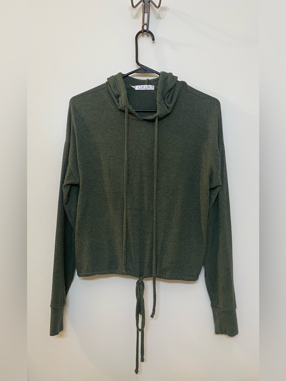 #96 GKLA Women Green Solid Knit Pullover Hooded Drawstring Hoodie Long Sleeve M